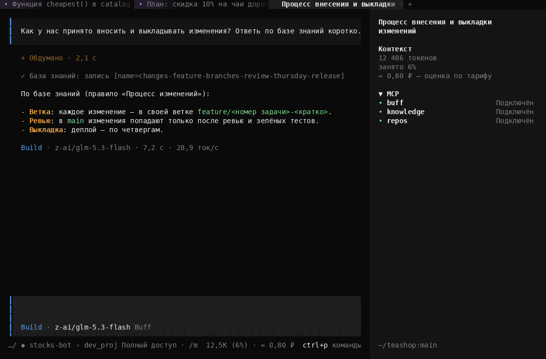 Buff Code в терминале: разработчик спросил, как вносить и выкладывать изменения; модель открыла запись базы знаний и ответила по ней — ветка, ревью, выкладка по четвергам
