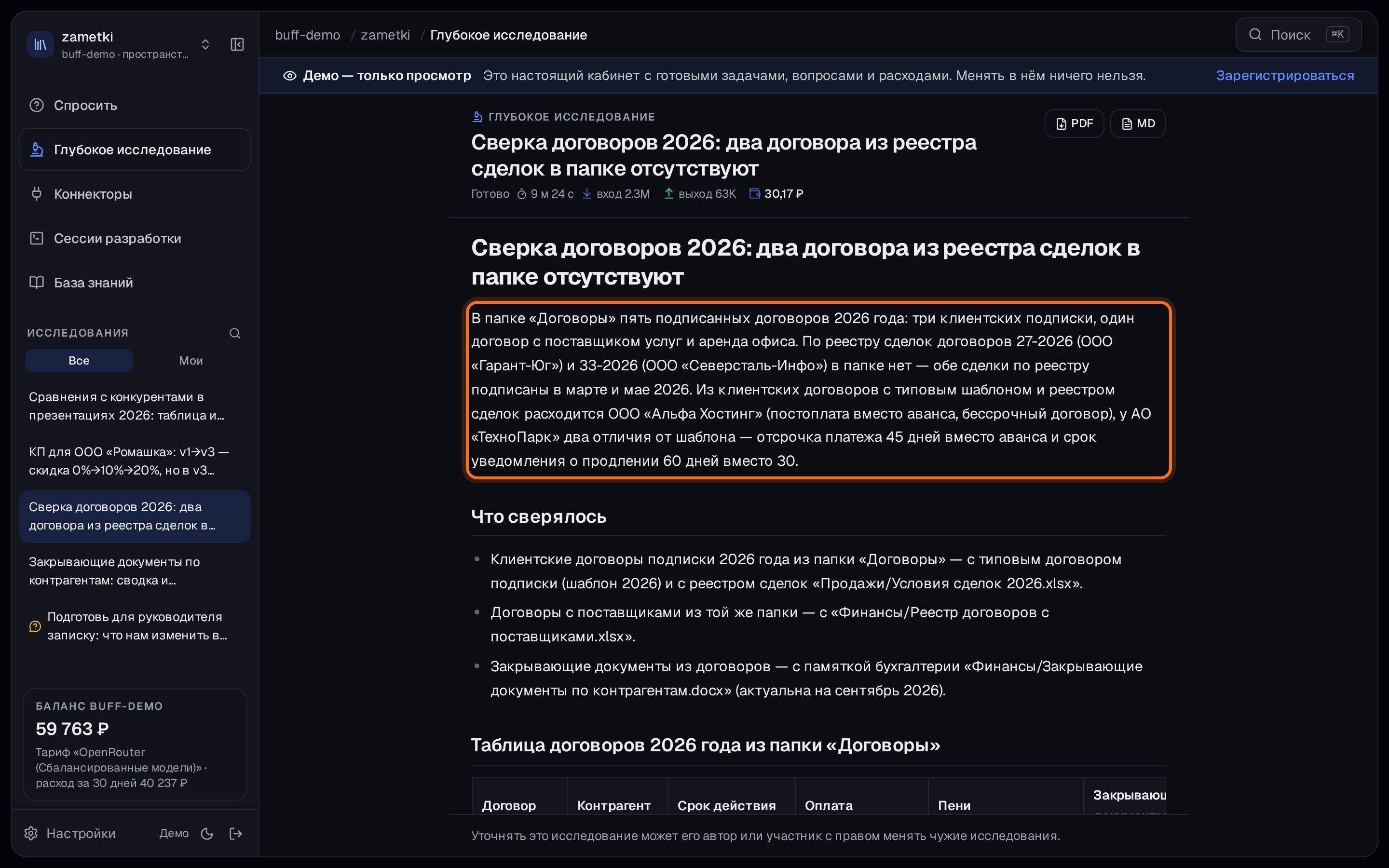 Окно Buff, глубокое исследование «Сверка договоров 2026»: обведён вывод — двух договоров из реестра сделок нет в папке, у «Альфа Хостинг» и «ТехноПарк» условия расходятся с типовым шаблоном; ниже — что сверялось и таблица договоров