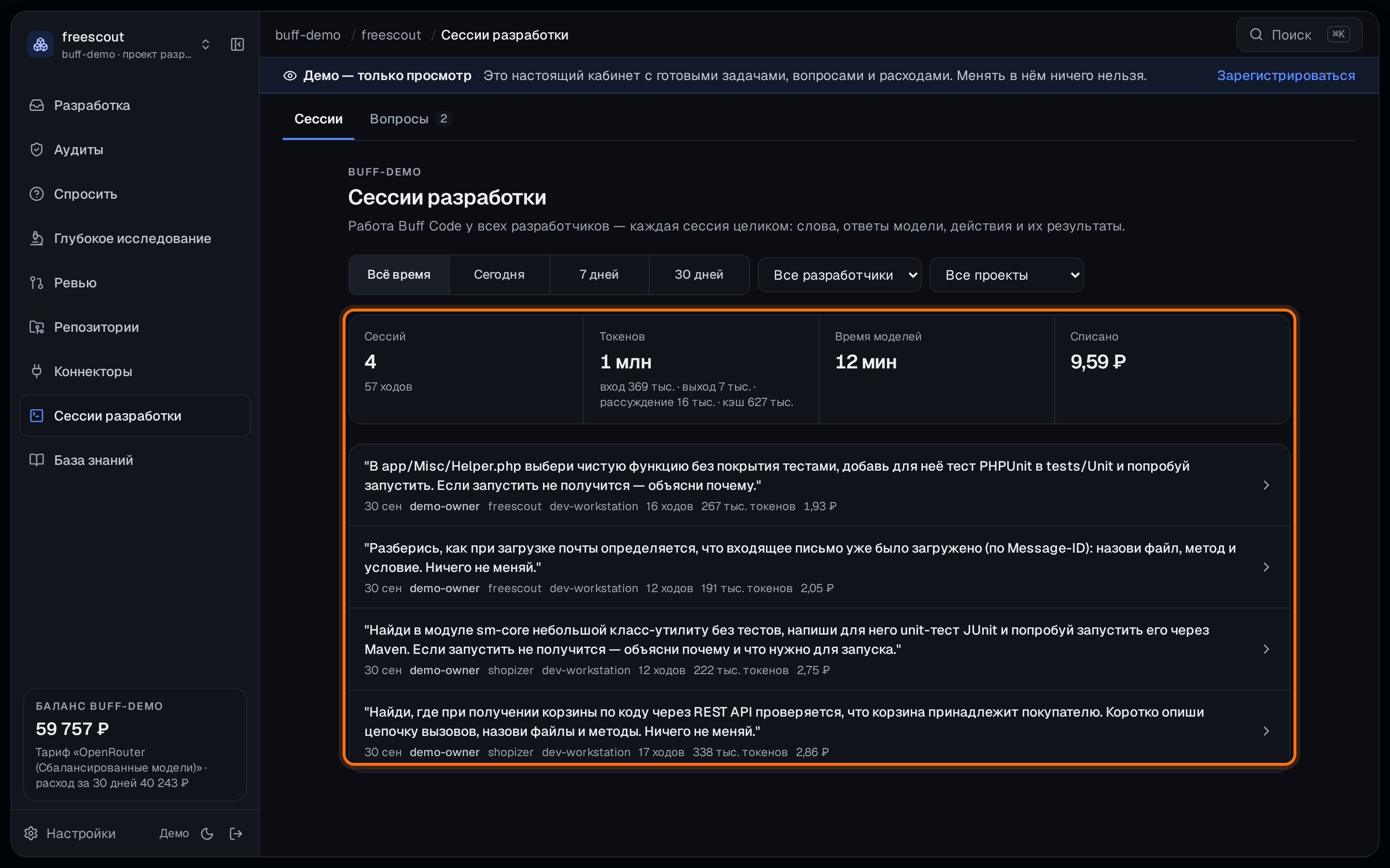 Окно Buff, «Сессии разработки»: обведены сводка — 4 сессии, 1 млн токенов, 12 минут, списано 9,59 ₽ — и список сессий Buff Code с ходами, токенами и списанием