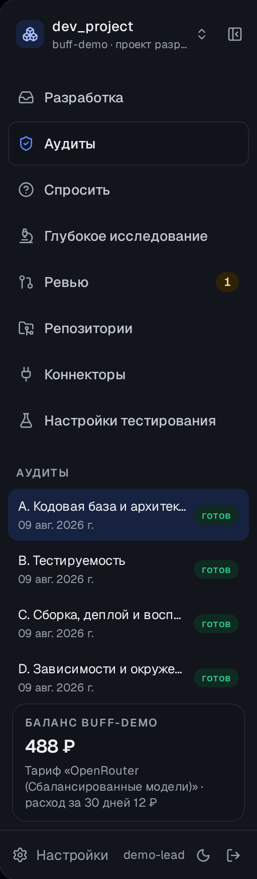 Разделы разбора проекта со статусом каждого